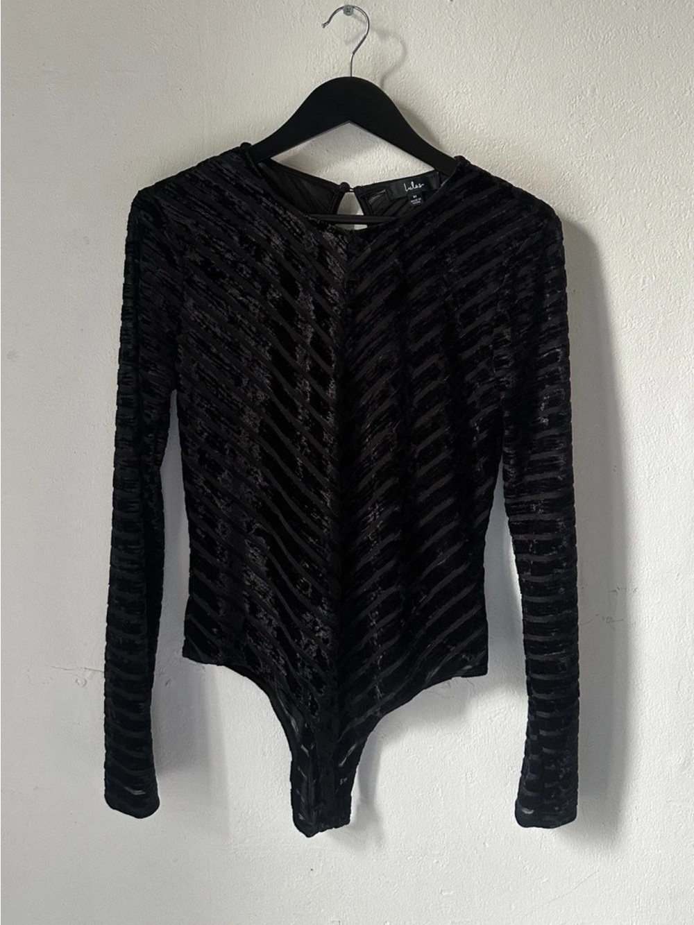Lulus Black Burnout Velvet Mesh Bodysuit Long Sleeve V Neck Women’s M Y2K